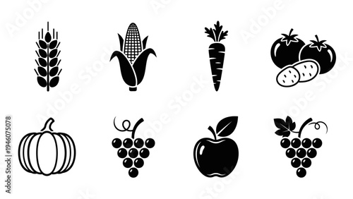 Collection of black and white icons representing various fresh fruits and vegetables