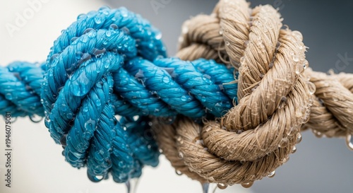 A blue synthetic rope and a natural brown rope tied together in a tight knot, covered in water droplets, symbolizing partnership and integration.