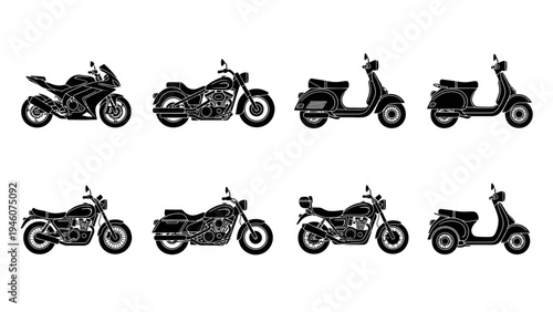 Collection of black and white motorcycle and scooter silhouettes on a white background