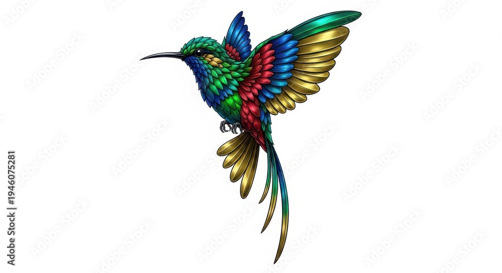 Fototapeta premium Vividly colored bird with metallic feathers appears mid-flight against a white background