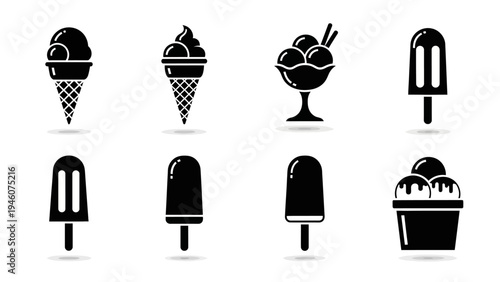 Collection of black ice cream icons in various styles and forms