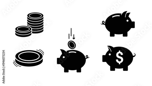 Collection of Black Piggy Bank and Coin Icons Representing Savings and Investment