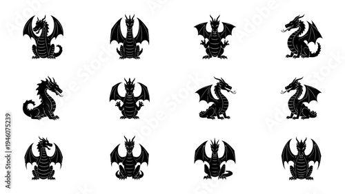 Collection of Black Silhouette Dragon Illustrations on a White Background Diverse Poses