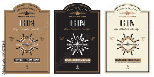 collection of gin labels with yacht helm in retro style