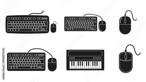 Collection of black silhouette icons featuring computer keyboards and mice