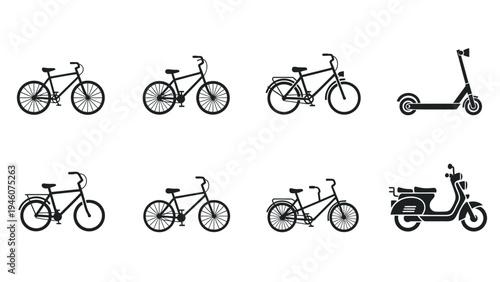 Collection of black silhouette icons representing various bicycles scooters and motorbikes on a