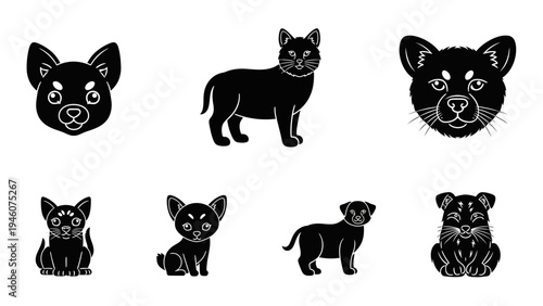 Collection of black silhouette icons featuring various dog and cat breeds in different poses and