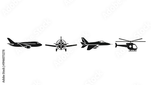 Collection of black silhouettes of different aircraft types on a white background