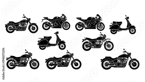 Collection of Black Silhouettes of Various Motorcycles and Scooters on a White Background