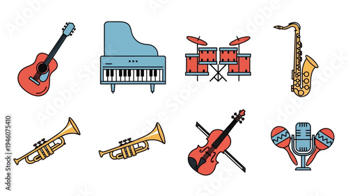 Collection of colorful musical instruments on a white background isolated vector illustrations