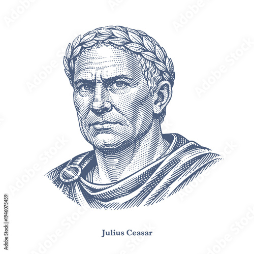 Julius Caesar portrait. Vintage style woodcut engraving illustration.