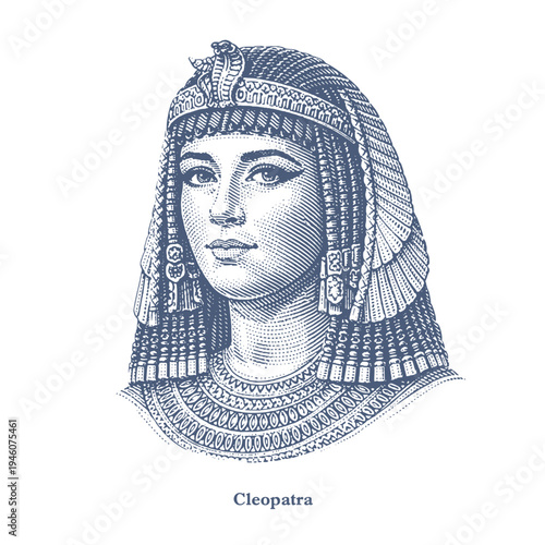 Engraving of Cleopatra VII. Vintage style woodcut engraving illustration.