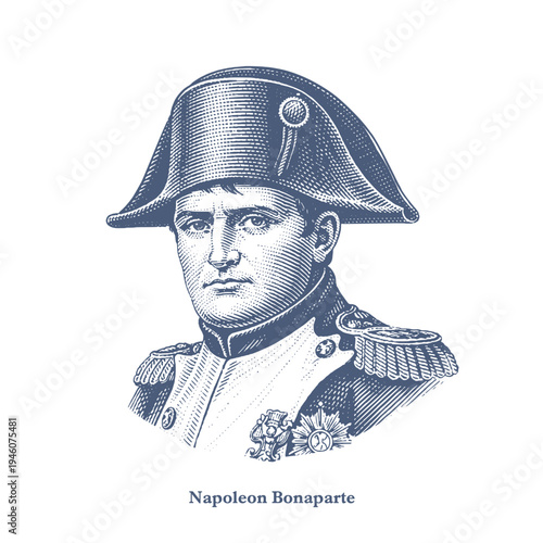 Napoleon Bonaparte illustrated portrait. Vintage style woodcut engraving illustration.