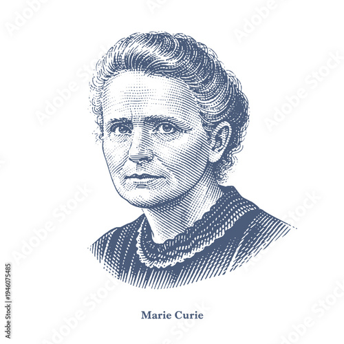 Engraving portrait of Marie Curie, pioneering scientist and Nobel Prize winner. Vintage style woodcut engraving illustration.