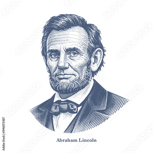 Engraved portrait of Abraham Lincoln, 16th U.S. President. Vintage style woodcut engraving illustration.