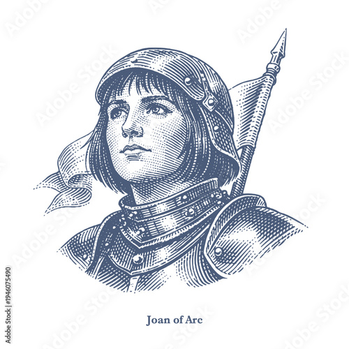 Engraving of Joan of Arc in armor. Vintage style woodcut engraving illustration.