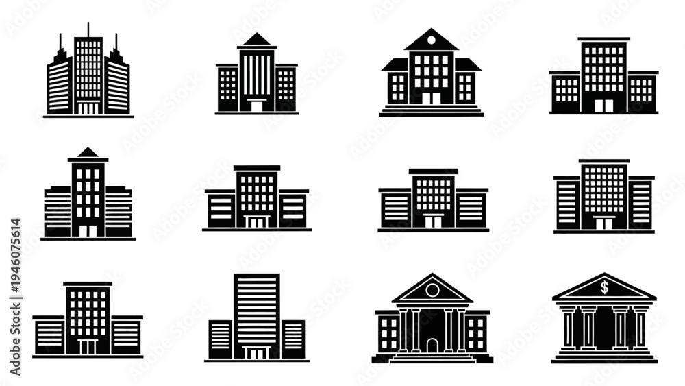 Fototapeta premium Collection of diverse black and white building icons representing various architectural styles and