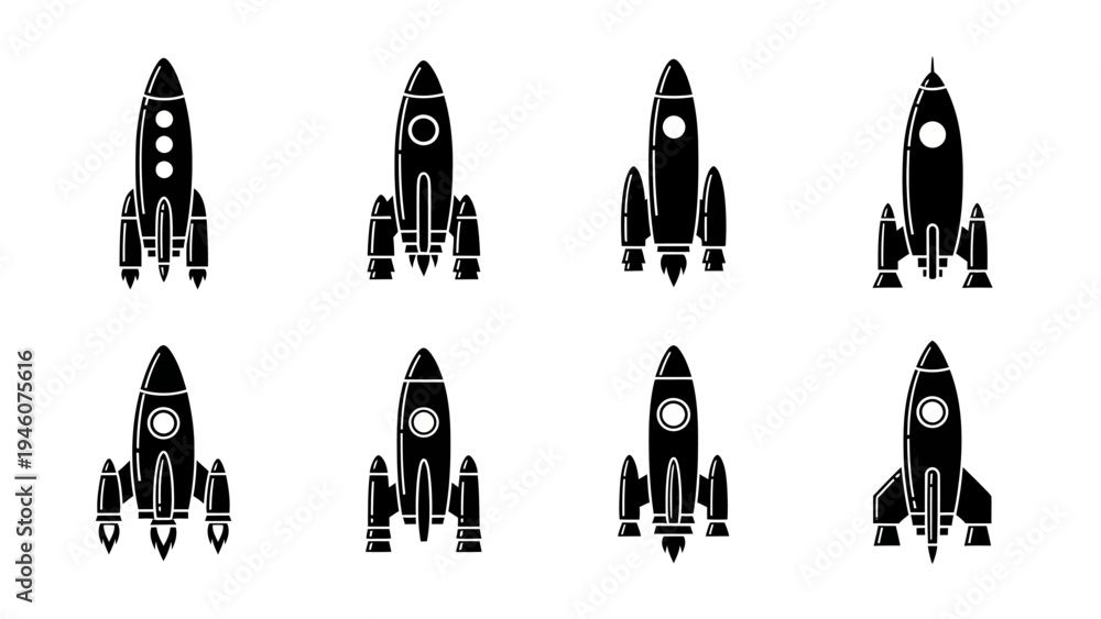 Fototapeta premium Collection of diverse black and white rocket ship vector illustrations on a clean white background