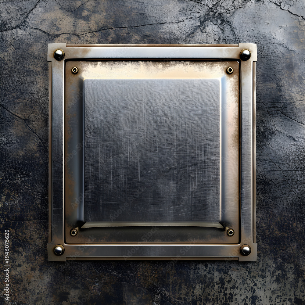 Fototapeta premium Square brushed metal plate with rivets on dark weathered background. Industrial metallic frame texture. Blank plaque for text or logo