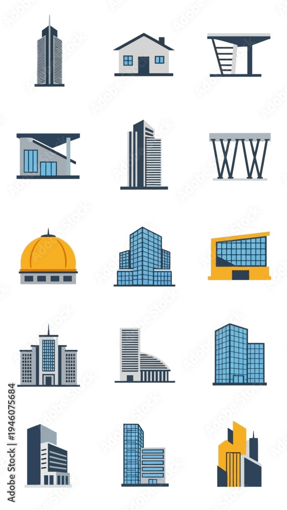 Fototapeta premium Collection of modern architectural building icons representing diverse urban structures