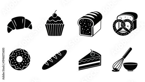 Collection of diverse baked goods and baking tools icons in black and white
