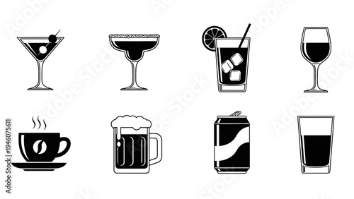 Collection of diverse beverages and drinks icon set simple vector illustration