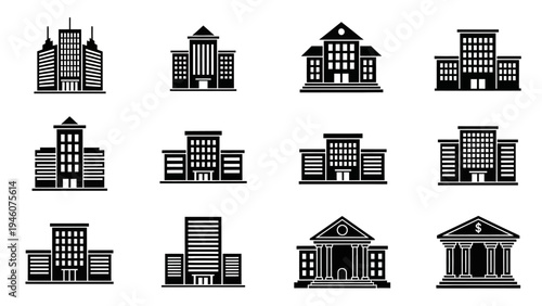 Collection of diverse black and white building icons representing various architectural styles and