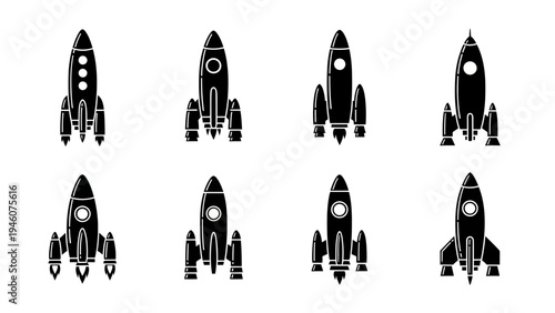 Collection of diverse black and white rocket ship vector illustrations on a clean white background