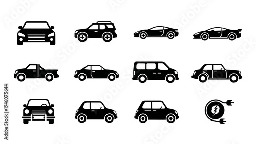 Collection of diverse car silhouette icons representing different vehicle types and electric power