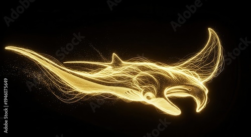 Brilliant golden particle formation traces the silhouette of a majestic sea creature in dark space