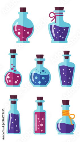 Collection of magical potion bottles with colorful liquids and cork stoppers