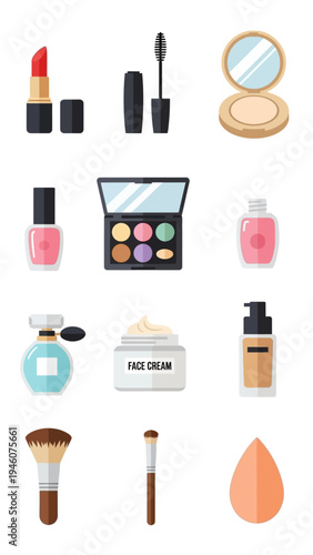 Collection of Makeup and Beauty Products Icons Flat Design Style