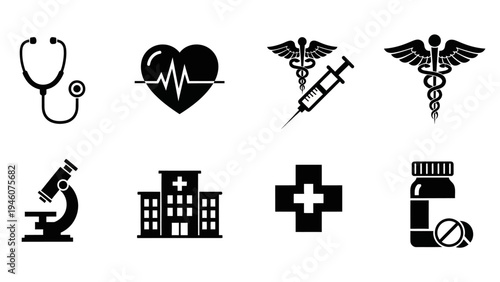 Collection of diverse medical symbols and icons on a white background
