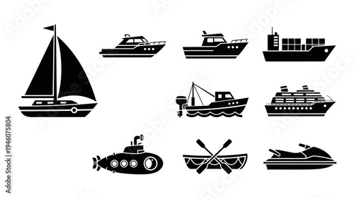 Collection of diverse watercraft icons representing various modes of marine transportation