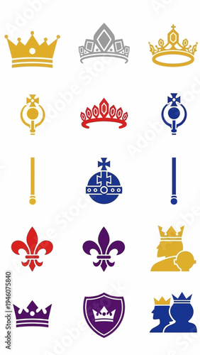 Collection of Royal Symbols Including Crowns Scepters and Shields For Royalty And Nobility