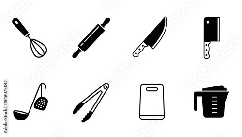 Collection of eight essential black and white kitchen utensil icons on a white background