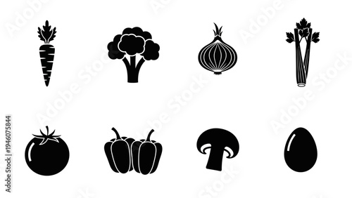 collection of eight minimalist black and white vector icons representing various fresh food items