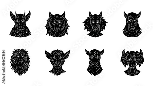 collection of eight demonic creature head illustrations in black and white style