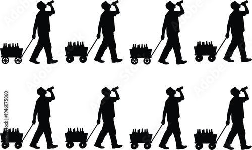Silhouette of a man drinking from a bottle while pulling a cart full of bottles, repeated in a pattern.