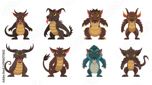 Collection of eight unique cartoon-style fantasy monsters and creatures for design