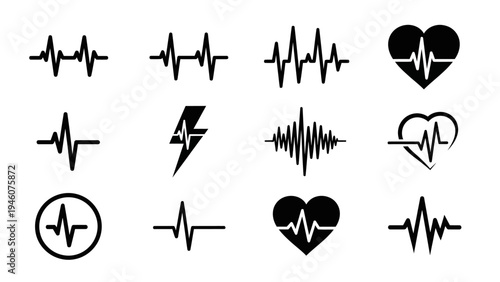 Collection of electrocardiogram and heart rate icons representing pulse and rhythm
