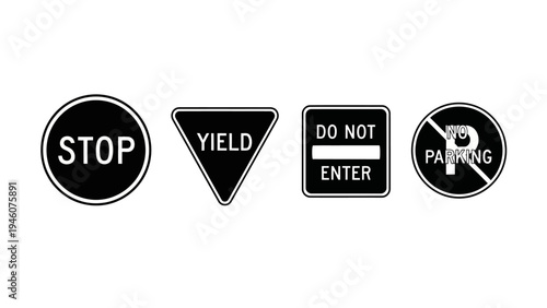 Collection of essential traffic signs including stop, yield, do not enter, and no parking