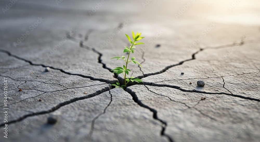 Obraz premium A symbolic image of a small green sprout emerging from a deep crack in dry, gray earth. Concept of hope, resilience, survival, and the power of nature in harsh conditions.
