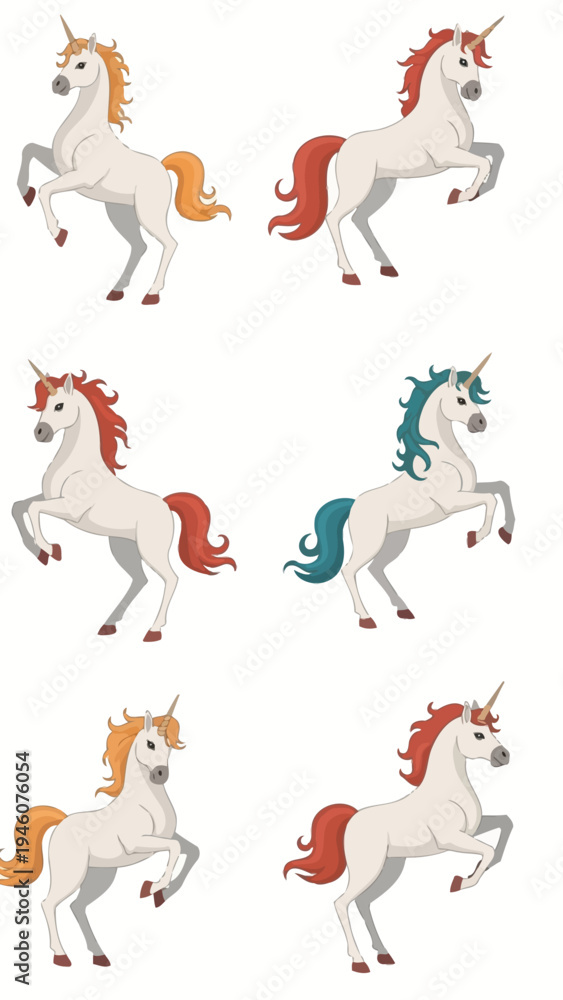 Fototapeta Collection of Six Mythical Unicorn Illustrations with Diverse Mane and Tail Colors