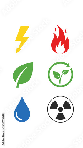 Collection of six diverse icons representing energy sources and environmental symbols