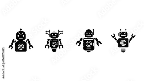 collection of four distinct black robot icons isolated on a clean white background