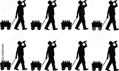 Silhouette of a man drinking from a bottle while pulling a cart full of bottles, repeated in a pattern.