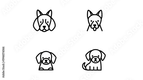 Collection of four minimalist vector line art illustrations of dog faces and bodies