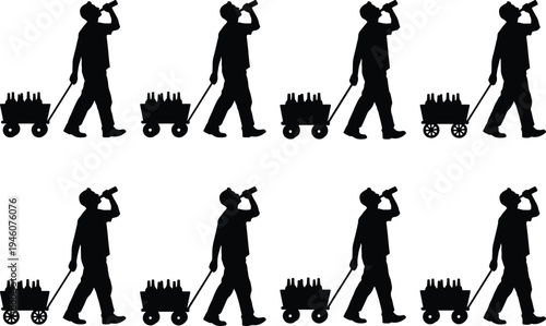 Silhouette of a man drinking from a bottle while pulling a cart full of bottles, repeated in a pattern.