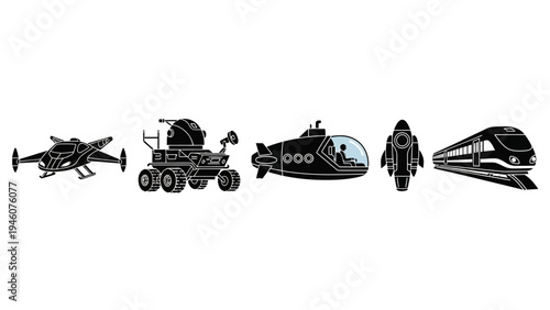 Collection of futuristic and modern transportation vehicles and machines on white background